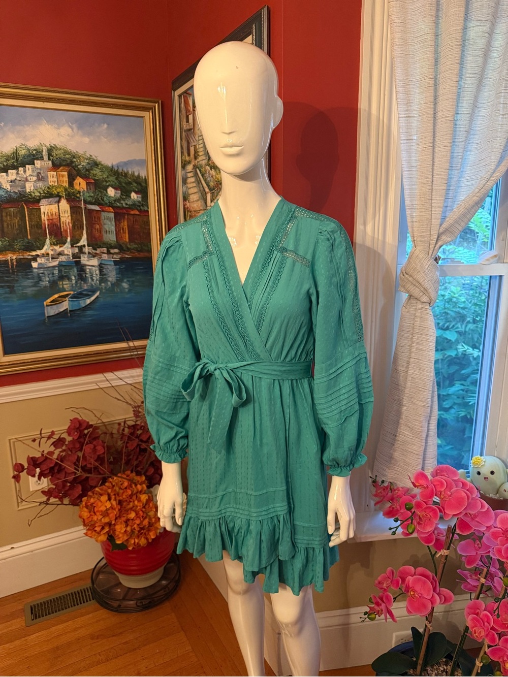 Teal Wrap-Style Ruffle Dress - Women